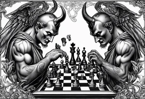 reaching devil and angel hands playing chess tattoo idea