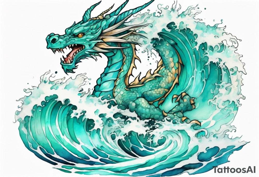 a pretty turquoise luck dragon emerging from an ocean wave, crashing onto the shore tattoo idea