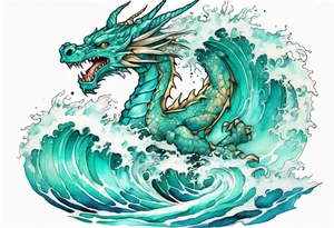 a pretty turquoise luck dragon emerging from an ocean wave, crashing onto the shore tattoo idea