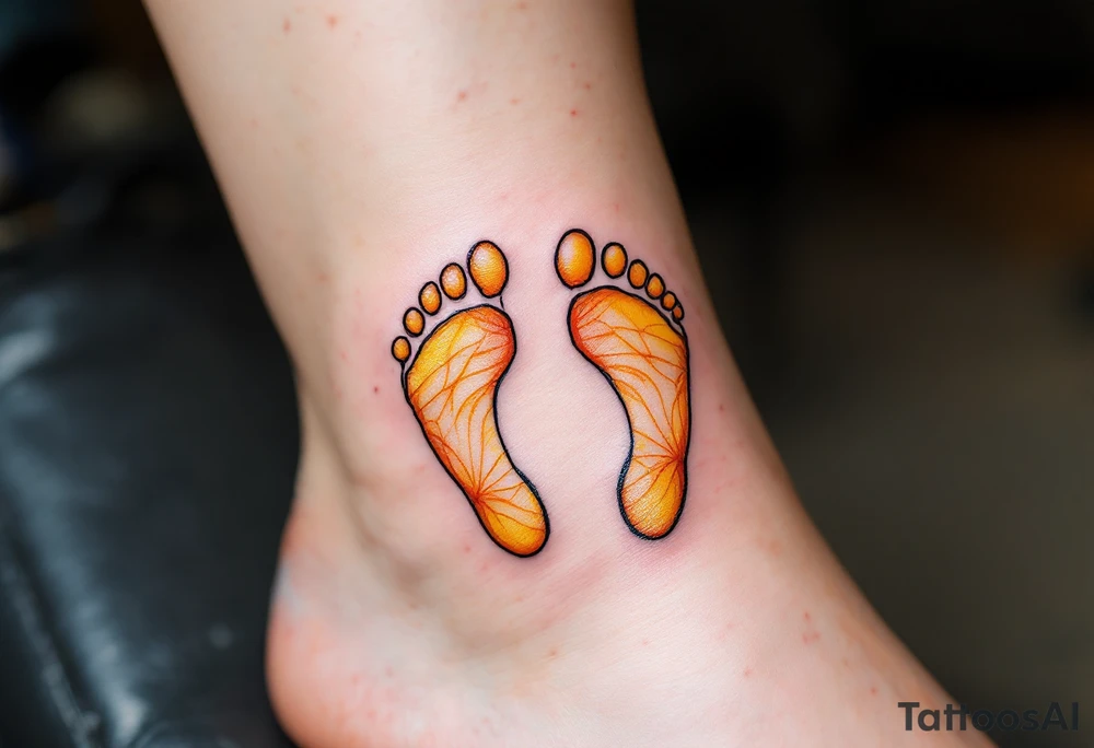 Bright yellow and pastel orange footprints of Tereza, gently paired with butterfly wings to capture her playful and free nature. tattoo idea