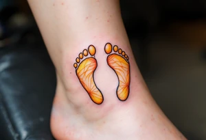Bright yellow and pastel orange footprints of Tereza, gently paired with butterfly wings to capture her playful and free nature. tattoo idea