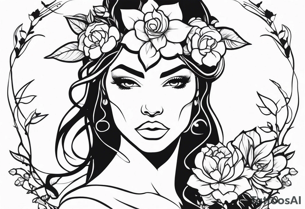 Powerful sexy warrior woman with flowers and vines tattoo idea
