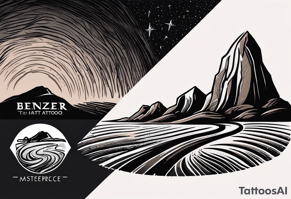 Create a tattoo of a flat topped rock Ebenezer with a base under the ground line that is pointed and deep, surrounded by freshly tilled and raked soil ready to be planted and under ground in front of the rock, a seed planted and pushing through the soil tattoo idea