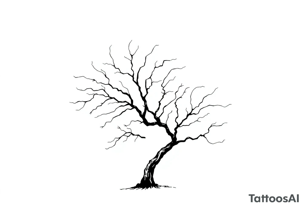 simple windy tree with a date 02.18.1998. The tree has strong winds and its branches are bent. The background is a clear sky. tattoo idea