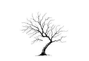 simple windy tree with a date 02.18.1998. The tree has strong winds and its branches are bent. The background is a clear sky. tattoo idea