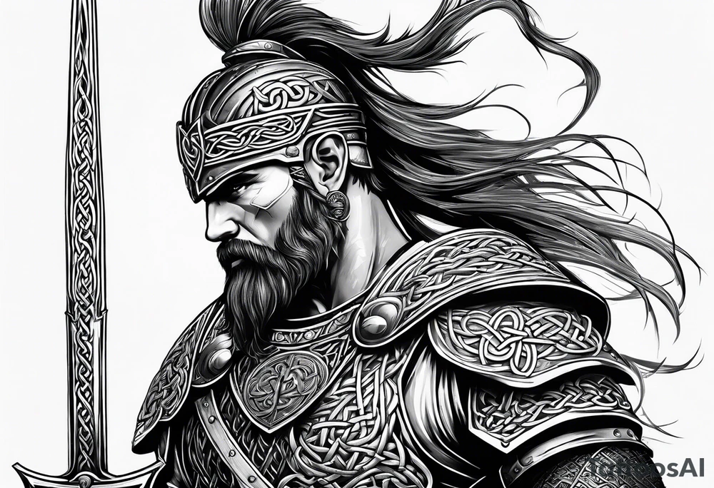 Side full body shot of Celtic warrior with weapon drawn. tattoo idea