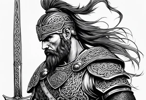 Side full body shot of Celtic warrior with weapon drawn. tattoo idea