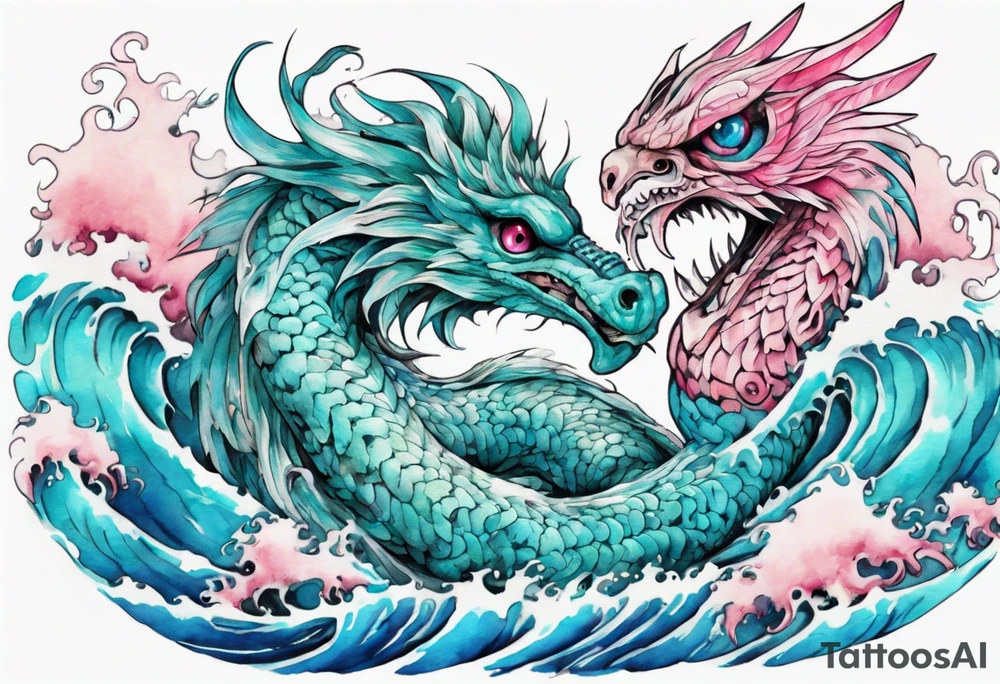 a turquoise and white and pink feathered serpent with beautiful eyes emerging from the blue waves of the ocean tattoo idea