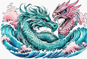 a turquoise and white and pink feathered serpent with beautiful eyes emerging from the blue waves of the ocean tattoo idea