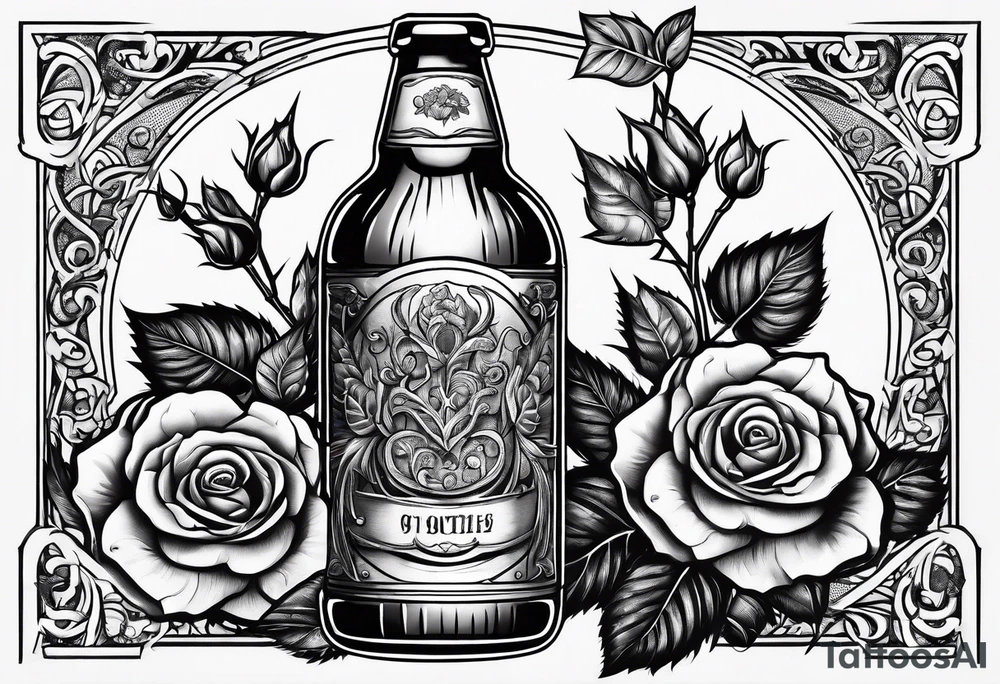 A bottle of beer and a stalk of rose in the bucket tattoo idea