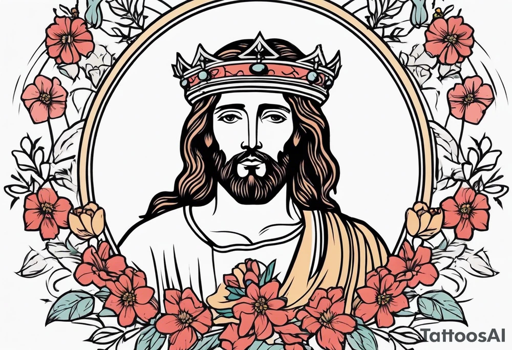 jesus with crown

old school vintage simple traditional design with vintage flowers surrounding
bold color simple tattoo idea