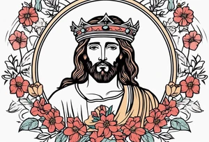 jesus with crown

old school vintage simple traditional design with vintage flowers surrounding
bold color simple tattoo idea