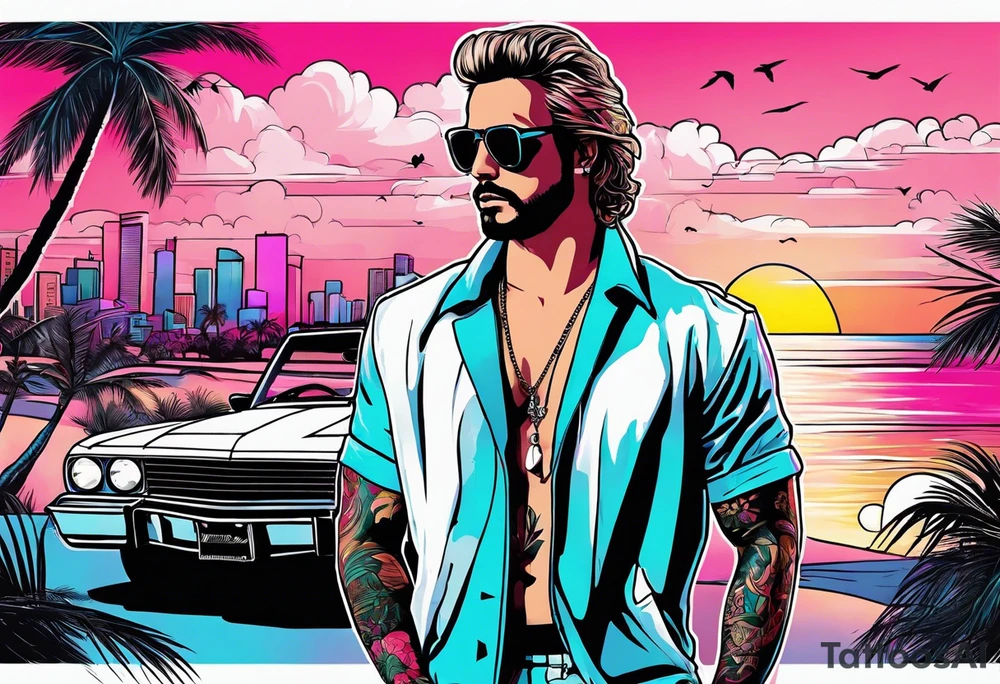 1980's miami vice style beach party, tattoo idea