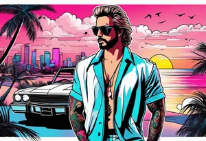 1980's miami vice style beach party, tattoo idea