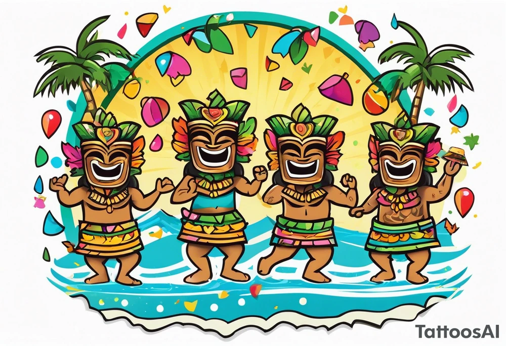 hulu tiki party with dancing tiki guys and sexy tiki girls on a beach with music notes and confetti around a blank space in the middle tattoo idea