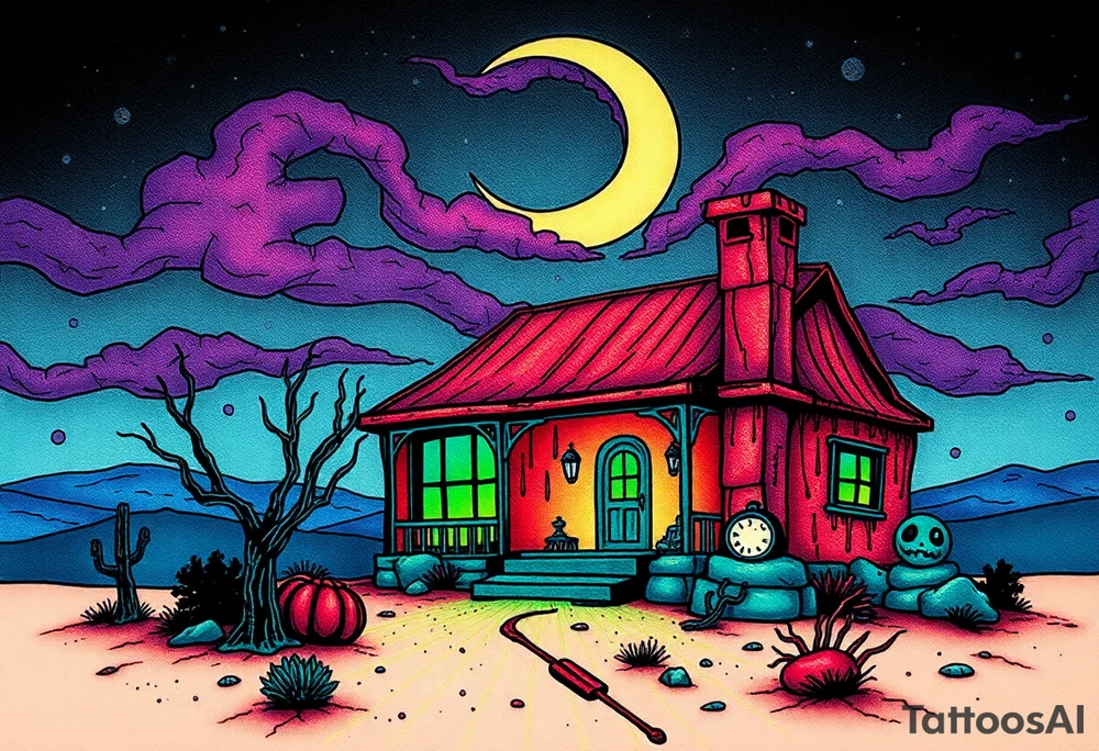 Tim Burton’s haunted desert bungalow is abandoned and dripping with muted reds, dusty pinks, and eerie green glow.purple and cyan smokey clouds swirl in the crescent moonlit sky thats sprinkled with stars tattoo idea tattoo idea