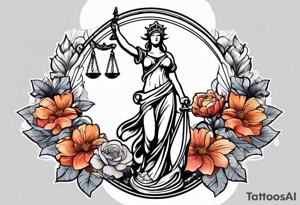 Sleeve with lady justice and flowers tattoo idea