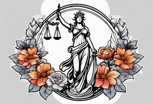 Sleeve with lady justice and flowers tattoo idea