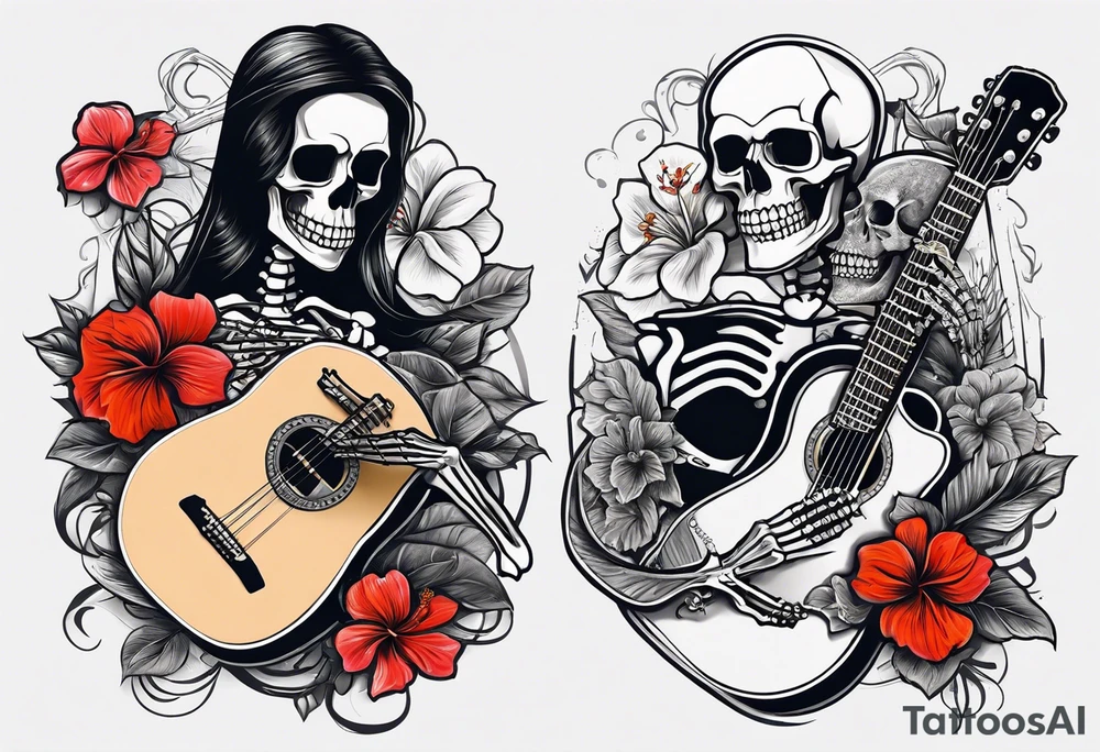 a male and a female skeleton. The male skeleton is playing the guitar. The female skeleton has a hibiscus flower. tattoo idea
