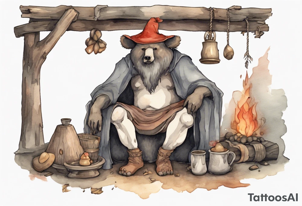 a medieval bear-human hybrid with a long grey beard wearing a tunic and a floppy mushroom hat sitting by a hearth drinking from a wood cup tattoo idea