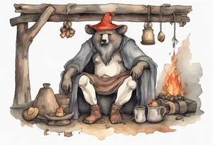 a medieval bear-human hybrid with a long grey beard wearing a tunic and a floppy mushroom hat sitting by a hearth drinking from a wood cup tattoo idea
