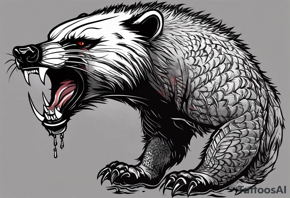 Draw me psychopath Honey Badger/Berserker with aggressive full body, killer face with a scary smile, very long nails and he attacks like a Bloody Assassin/Warrior/Gladiator to us and also, he has very deadly looking. He fights with his nails. Everybody scares after their first sight. Give me horror type Badger Tattoo. I want to see his Realistic full body with no weapons. tattoo idea