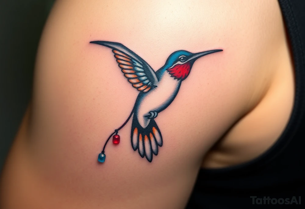 A hummingbird leaving a trail of glowing hieroglyphs as it flies(only red , blue and black are possible colors) tattoo idea