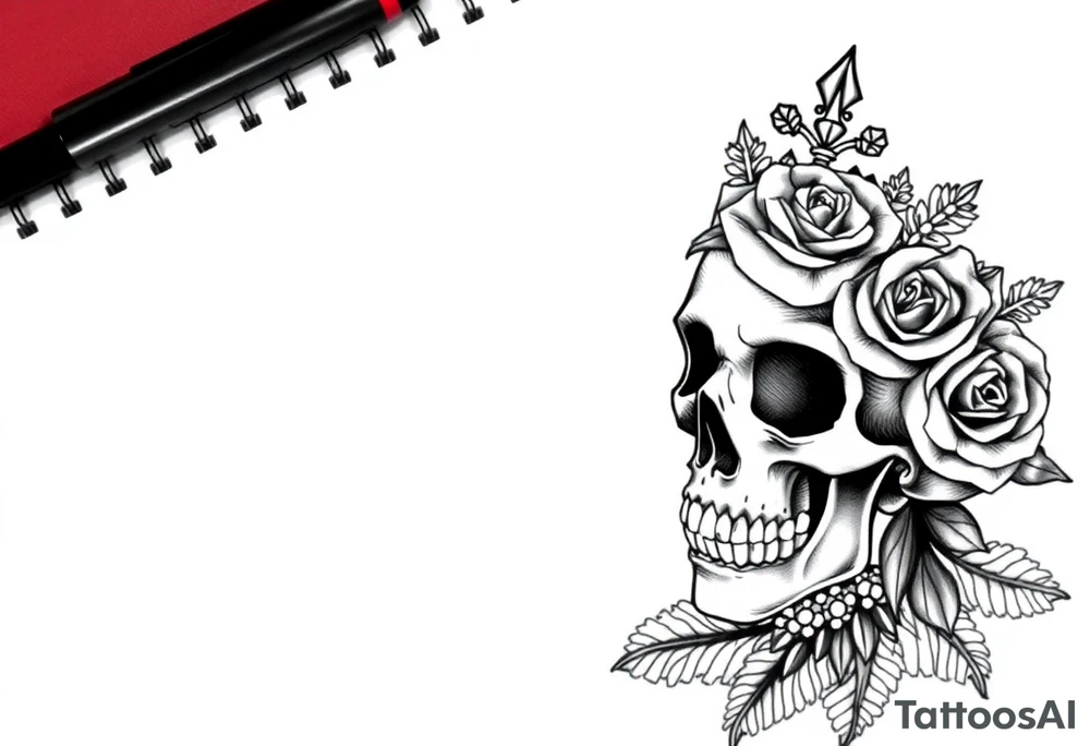 Bold vibrant gothic skull but also elegant and majestic wearing a rose crown also lace underneath tattoo idea