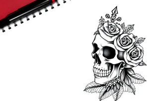 Bold vibrant gothic skull but also elegant and majestic wearing a rose crown also lace underneath tattoo idea