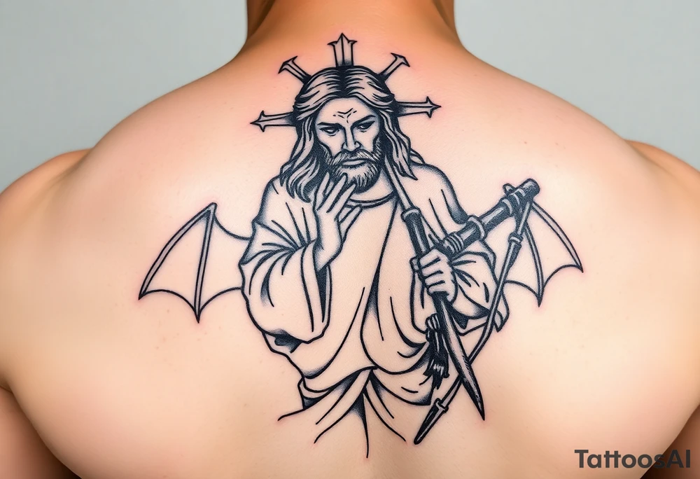Jesus praying over the devil and reaper tattoo idea