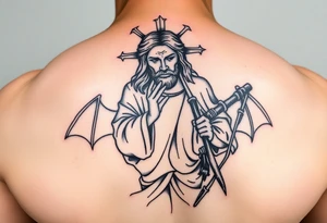 Jesus praying over the devil and reaper tattoo idea