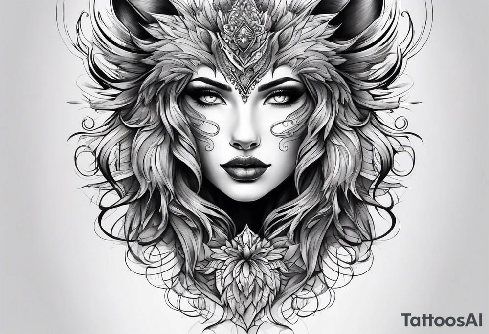 wolf's and woman's head split in half tattoo idea