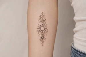 Moon, Sun, and Rising Star in the same red stencil aesthetic, with the smoke weaving through and overlapping each celestial symbol so they feel like a cohesive set for sternum placement. The Rising Star specifically incorporates the same flowing ribbon effect you liked in the Moon and Sun references. tattoo idea