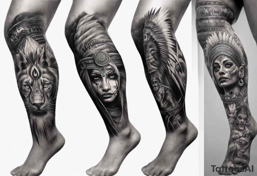 indian realistic leg sleeve with humans and maybe some animals evil looking tattoo idea