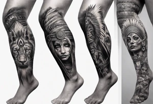 indian realistic leg sleeve with humans and maybe some animals evil looking tattoo idea