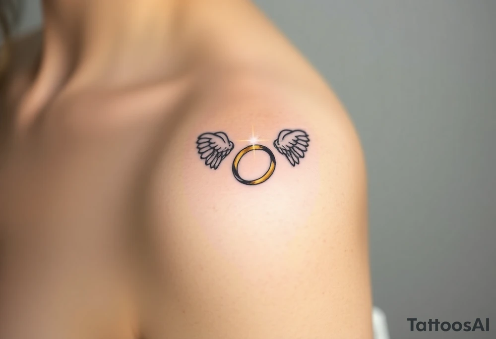 A golden wedding band floating within an angelic halo, glowing softly. tattoo idea