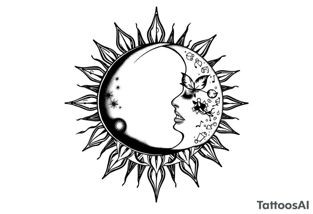 celestial sun and moon embrace with constellation patterns tattoo idea