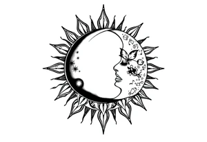 celestial sun and moon embrace with constellation patterns tattoo idea