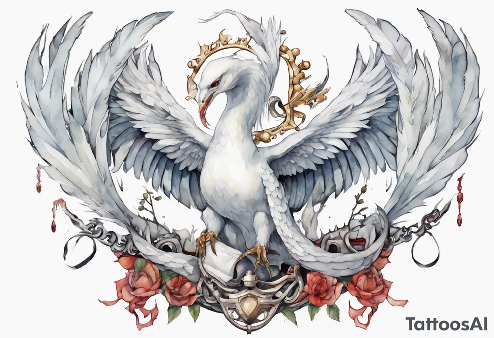 a white bird-serpent hybrid, holding an iron crown in her talons tattoo idea