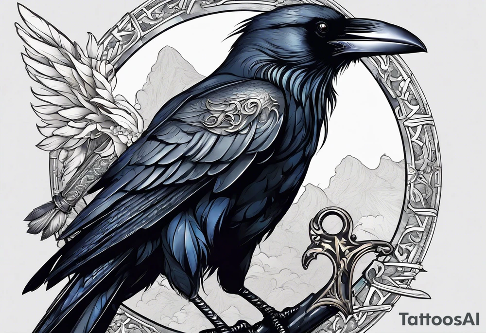 black raven with sword in mouth tattoo idea