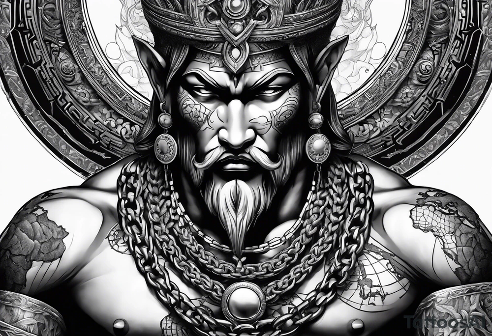 ancient god atlas ( young looking version ) surrounded by big chains and carrying the world top of his head tattoo idea
