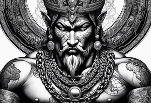 ancient god atlas ( young looking version ) surrounded by big chains and carrying the world top of his head tattoo idea