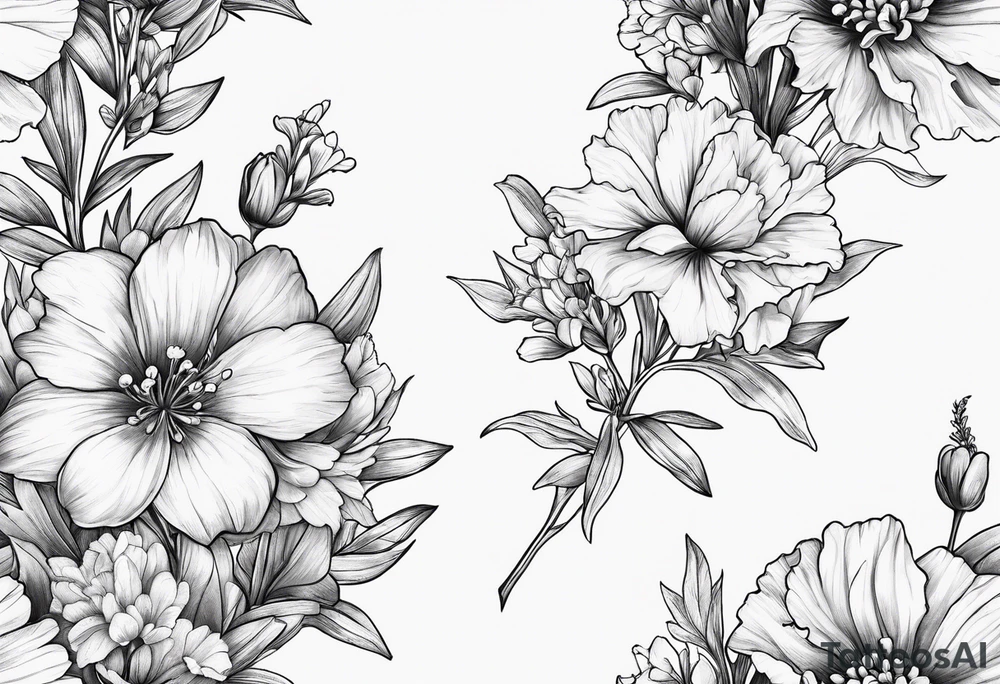 Bouquet Simple Tattoo of larkspur, carnation, violet, daisy tattoo idea