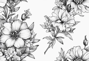 Bouquet Simple Tattoo of larkspur, carnation, violet, daisy tattoo idea