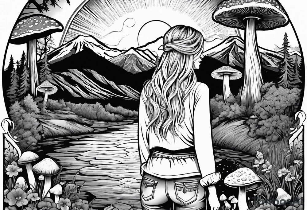 Whole picture encircled fully

Straight long blonde hair hippie girl in distance holding mushrooms in hand facing away toward mountains and creek surrounded by mushrooms long sleeve shirt and hiking pants; whole rendering within a full circle, no cut off circle tattoo idea