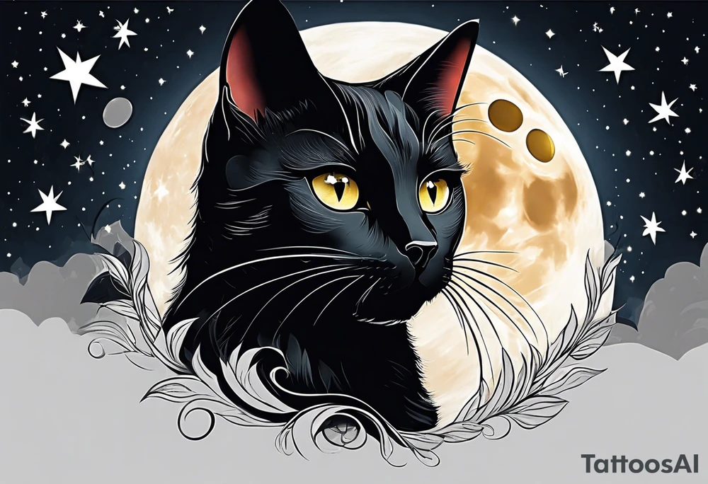 Photo realistic black cat head with moon and stars tattoo idea