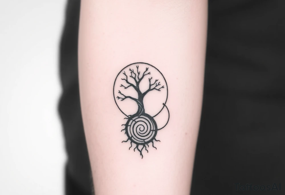 Tree inside of sun, spiral circle roots. A spiral line moving to the right tattoo idea