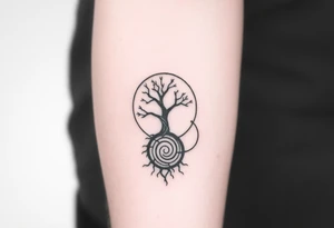 Tree inside of sun, spiral circle roots. A spiral line moving to the right tattoo idea