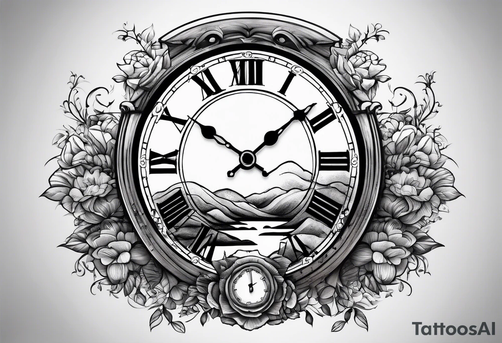 clock with landscape tattoo idea