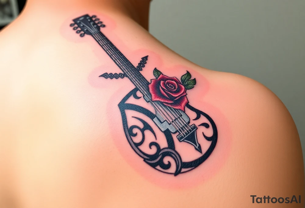 A detailed electric guitar with silver strings, draped in chains, with a rose blooming from the neck, symbolizing the power of love and music together tattoo idea